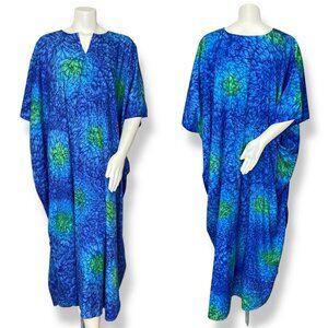 Kaftan Dress One Size Abstract Print Women Blue Green Maxi Beachy Lounge Relaxed